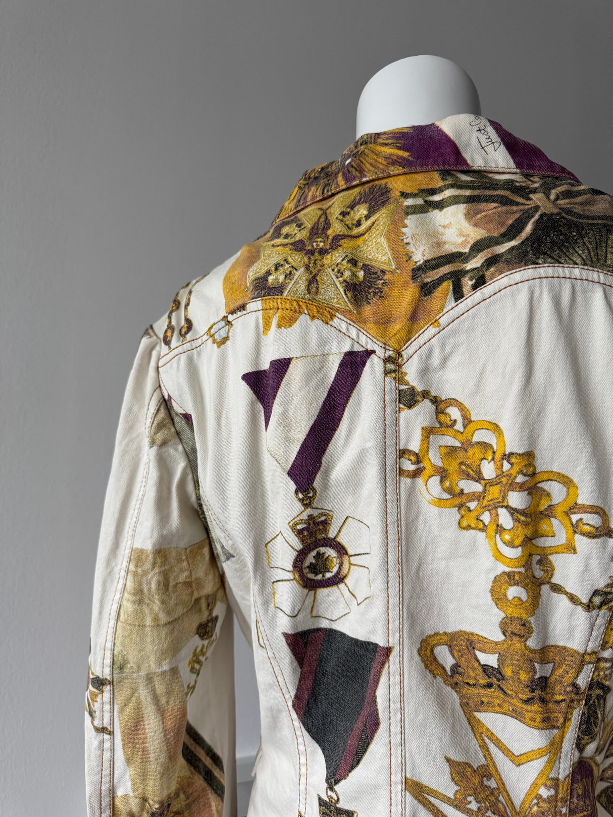 JUST CAVALLI White Medal Print Denim Blazer Jacket