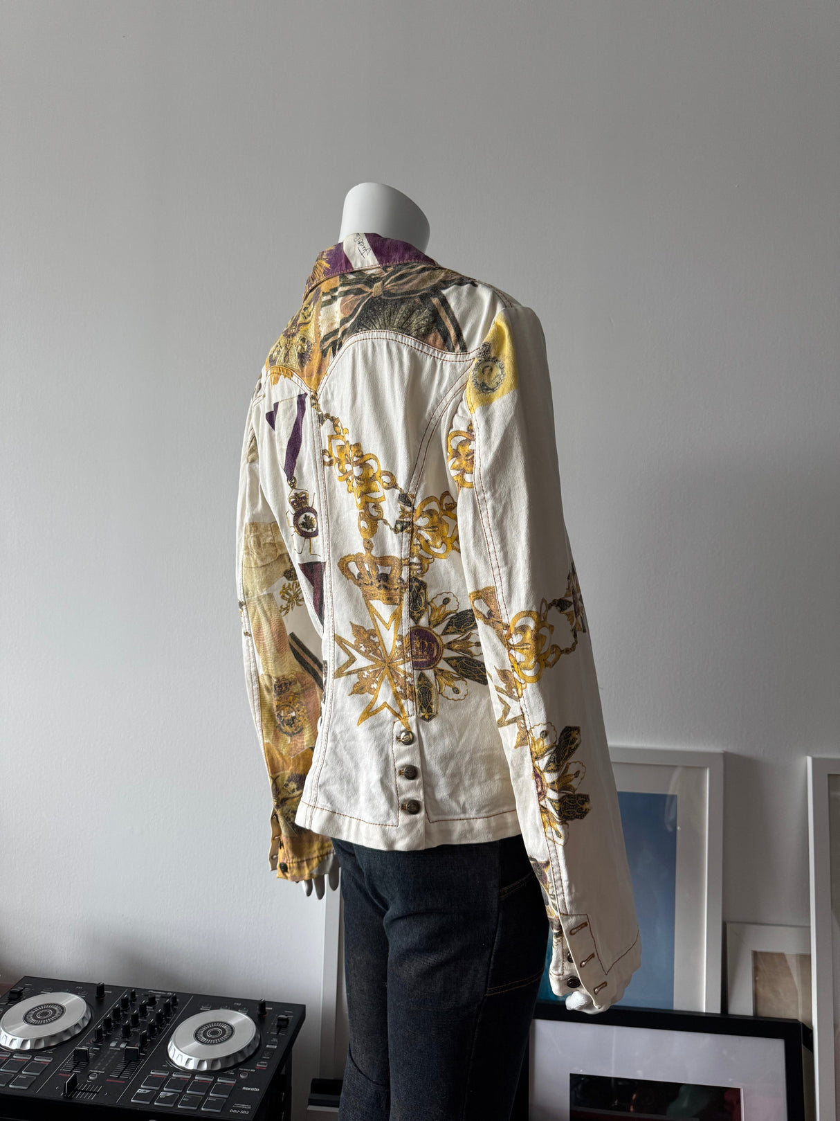 JUST CAVALLI White Medal Print Denim Blazer Jacket