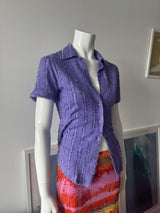 Purple Frayed Short Sleeve Button Up Top