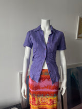 Purple Frayed Short Sleeve Button Up Top