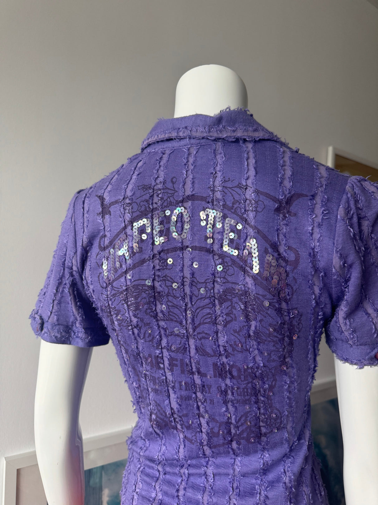Purple Frayed Short Sleeve Button Up Top