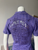 Purple Frayed Short Sleeve Button Up Top
