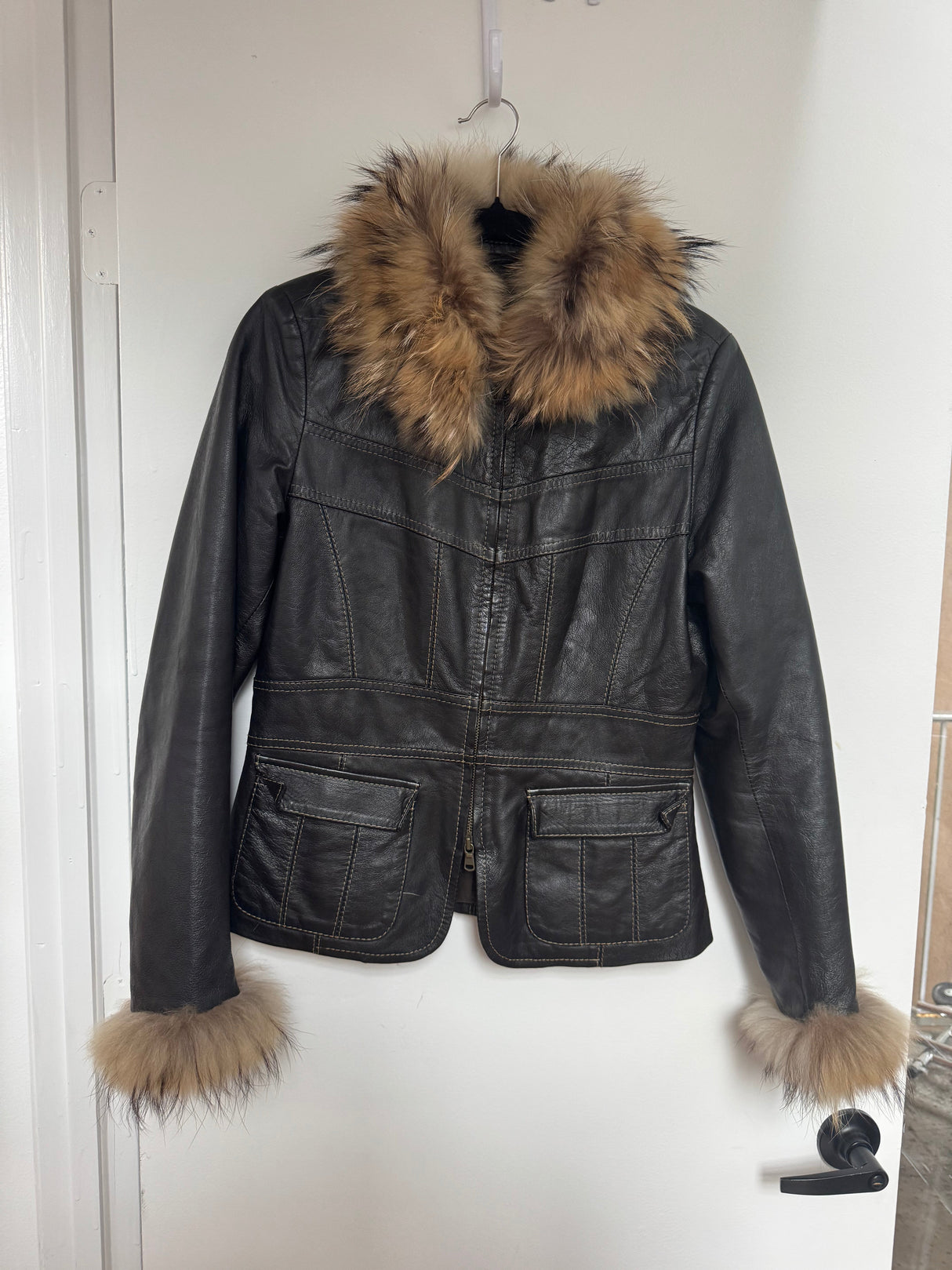 Italian Black Brown Fox Fur Trim Leather Moto Jacket