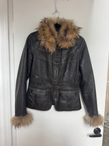 Italian Black Brown Fox Fur Trim Leather Moto Jacket