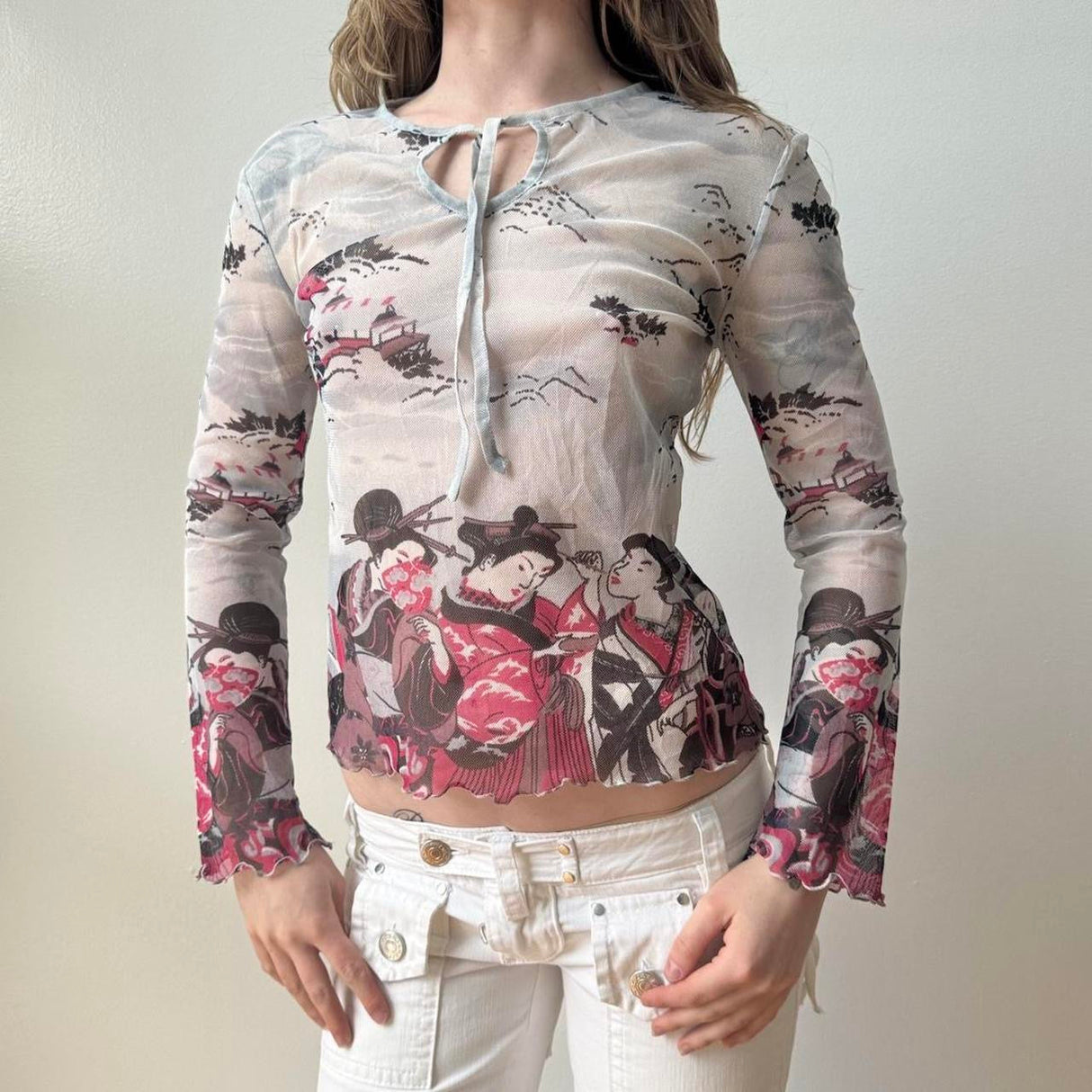 Italian Blue Graphic Sheer Mesh Flare Sleeve Top
