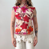 Italian Floral Mesh Mock Neck Cap Top