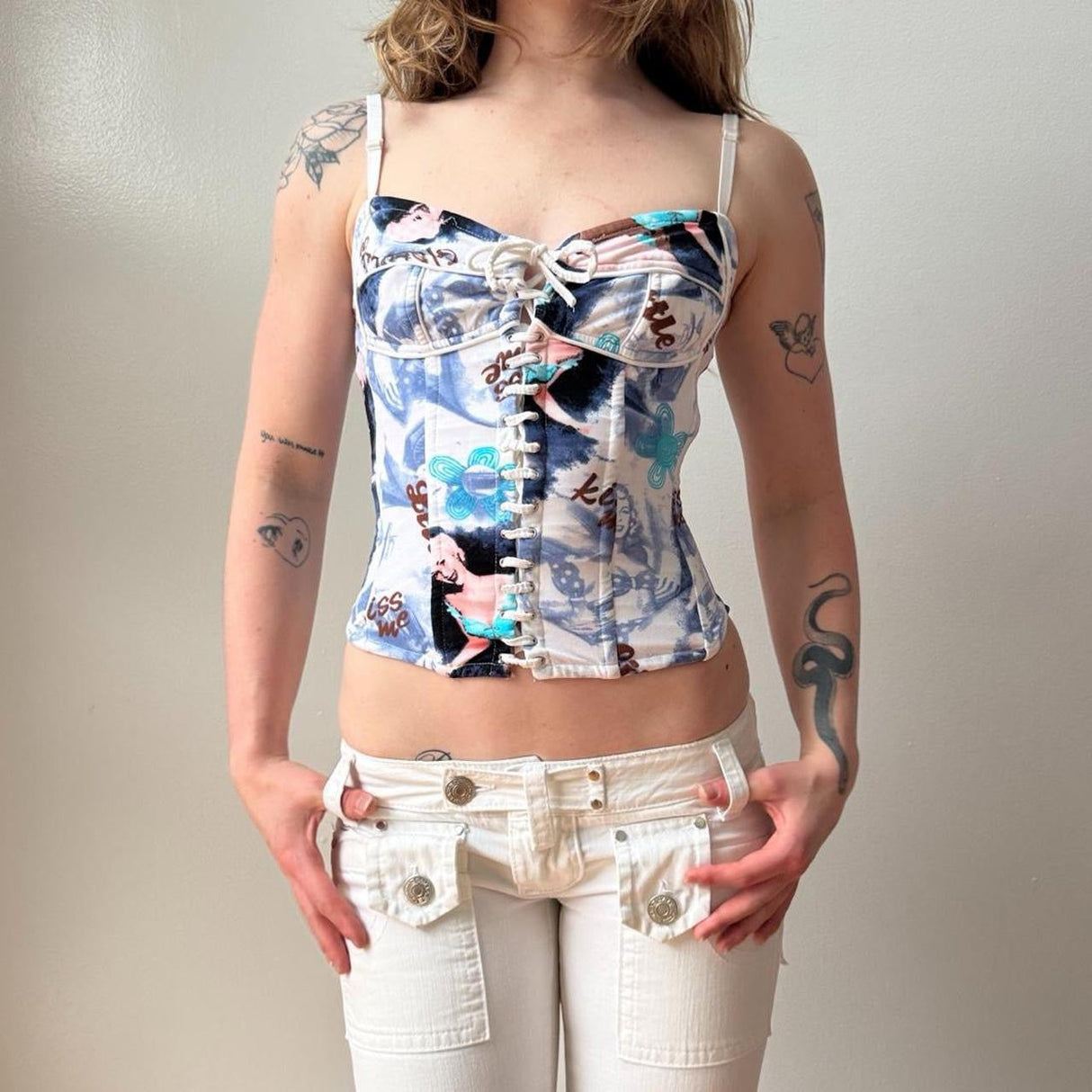 Italian Graphic Lace Up Corset Tank