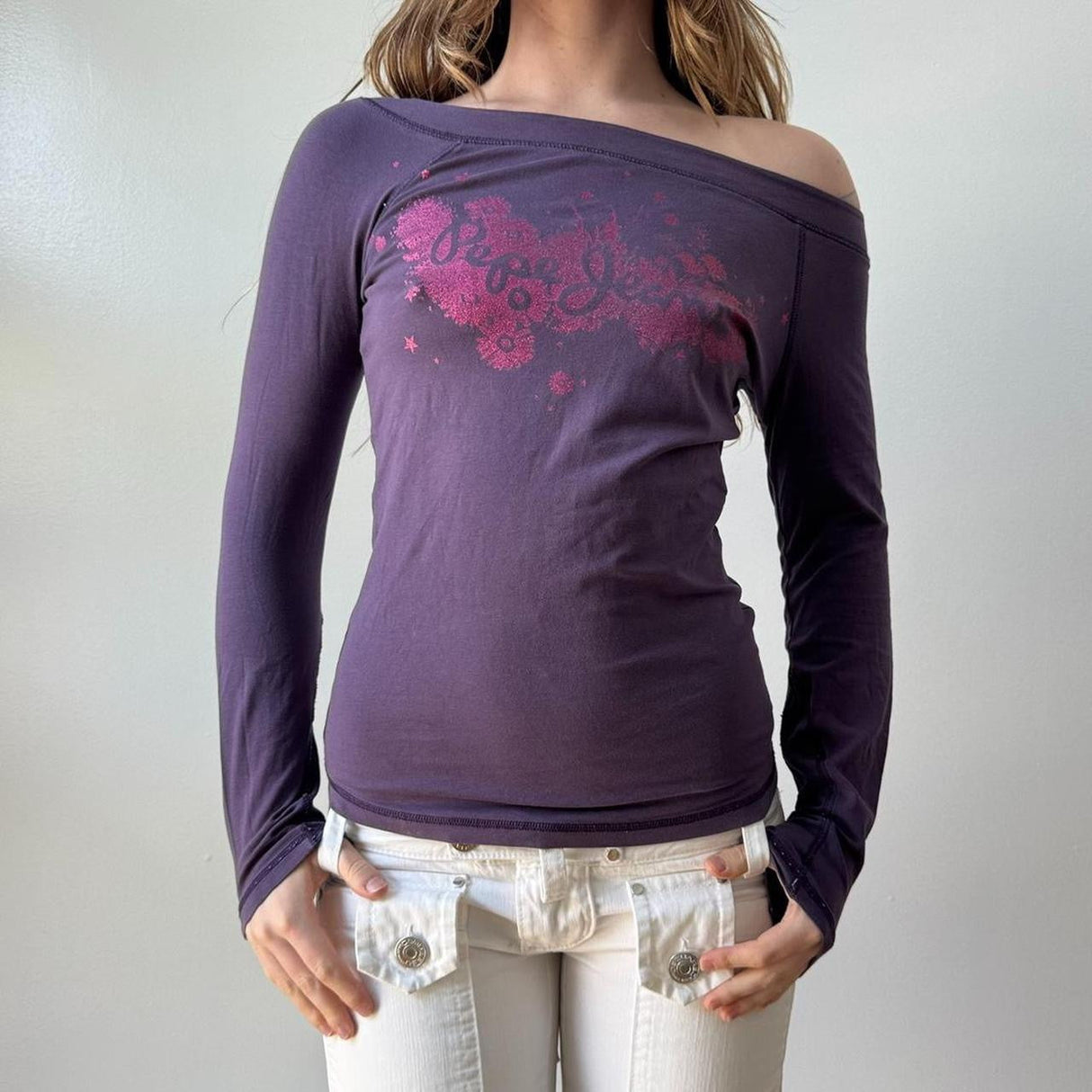 Italian Purple Graphic Off The Shoulder Slouchy Top