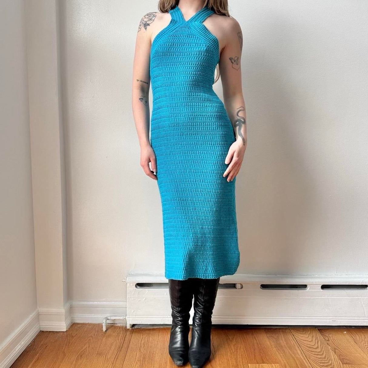 Italian Cyan Blue Crochet Knit Maxi Dress
