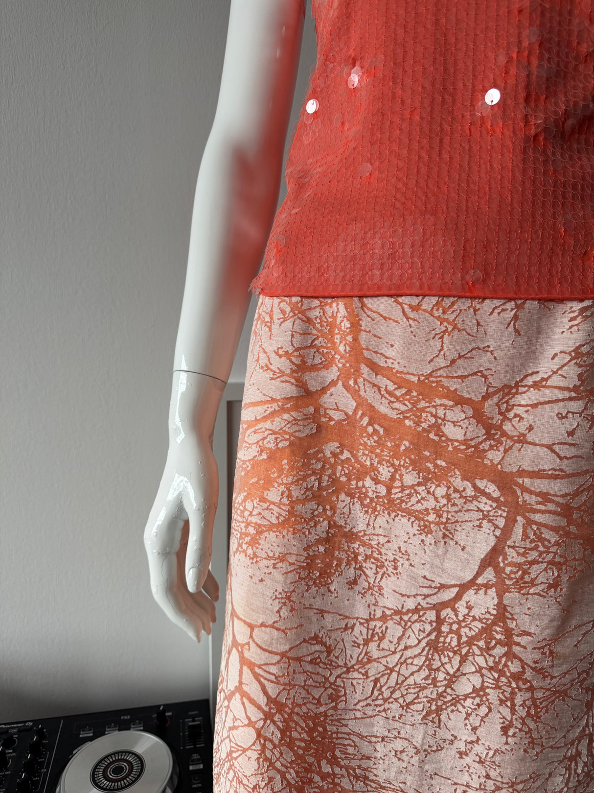 Peach and White Overlay Tree Print Midi Skirt