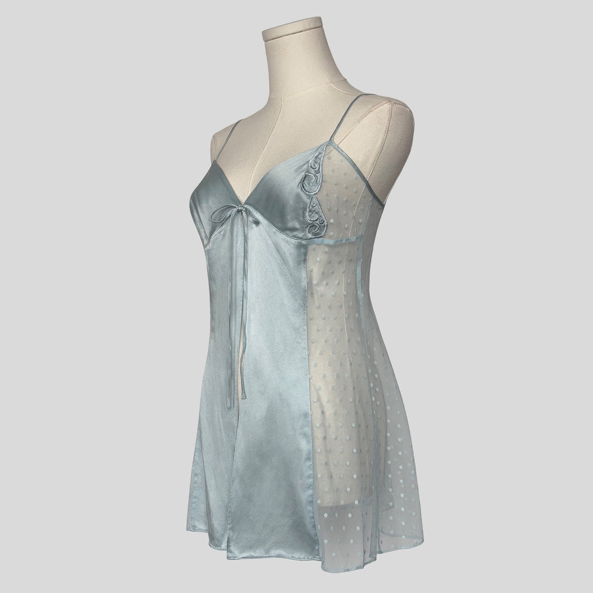Polka dot mesh flyaway babydoll chemise in blue
