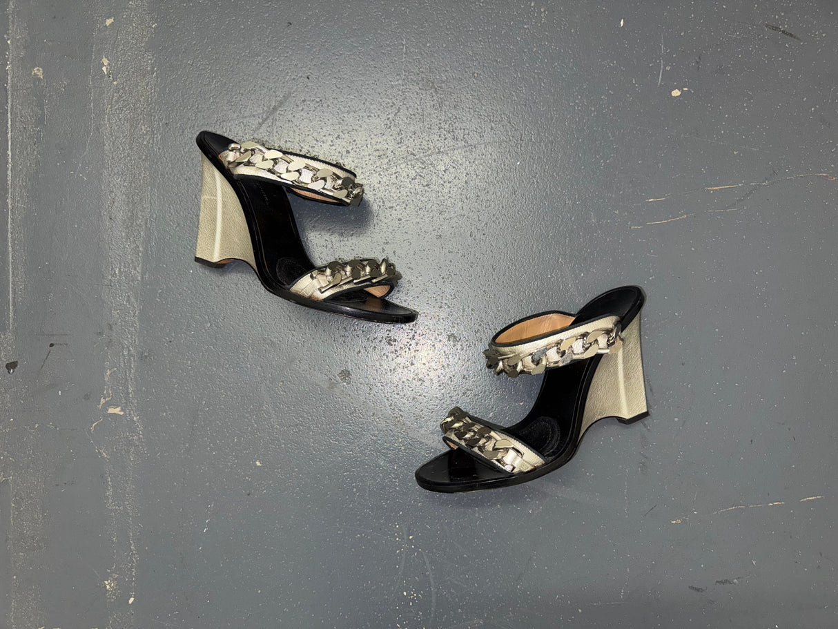 SONIA RYKIEL Silver Chain Leather Wedge Heels Sz 37