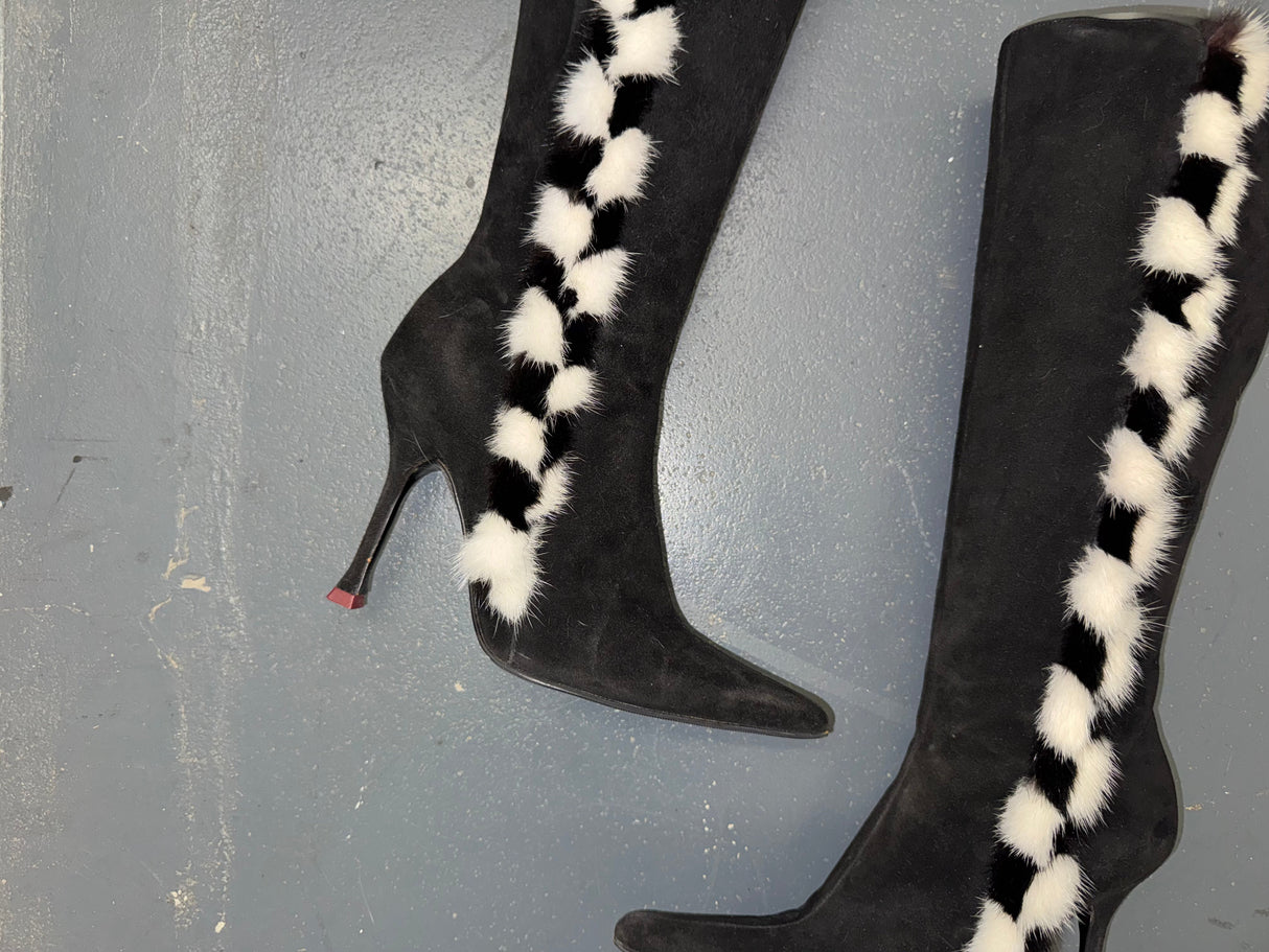 ESCADA Black Suede Knee High Boots with Fur Sz 36