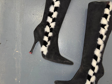 ESCADA Black Suede Knee High Boots with Fur Sz 36