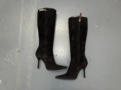 ESCADA Black Suede Knee High Boots with Fur Sz 36
