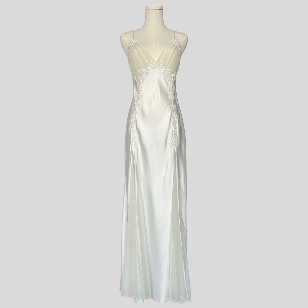 Appliqué mesh panel gown