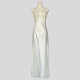 Appliqué mesh panel gown
