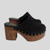 Larroude Miso Wooden Platform Clog In Black Suede - size 8.5