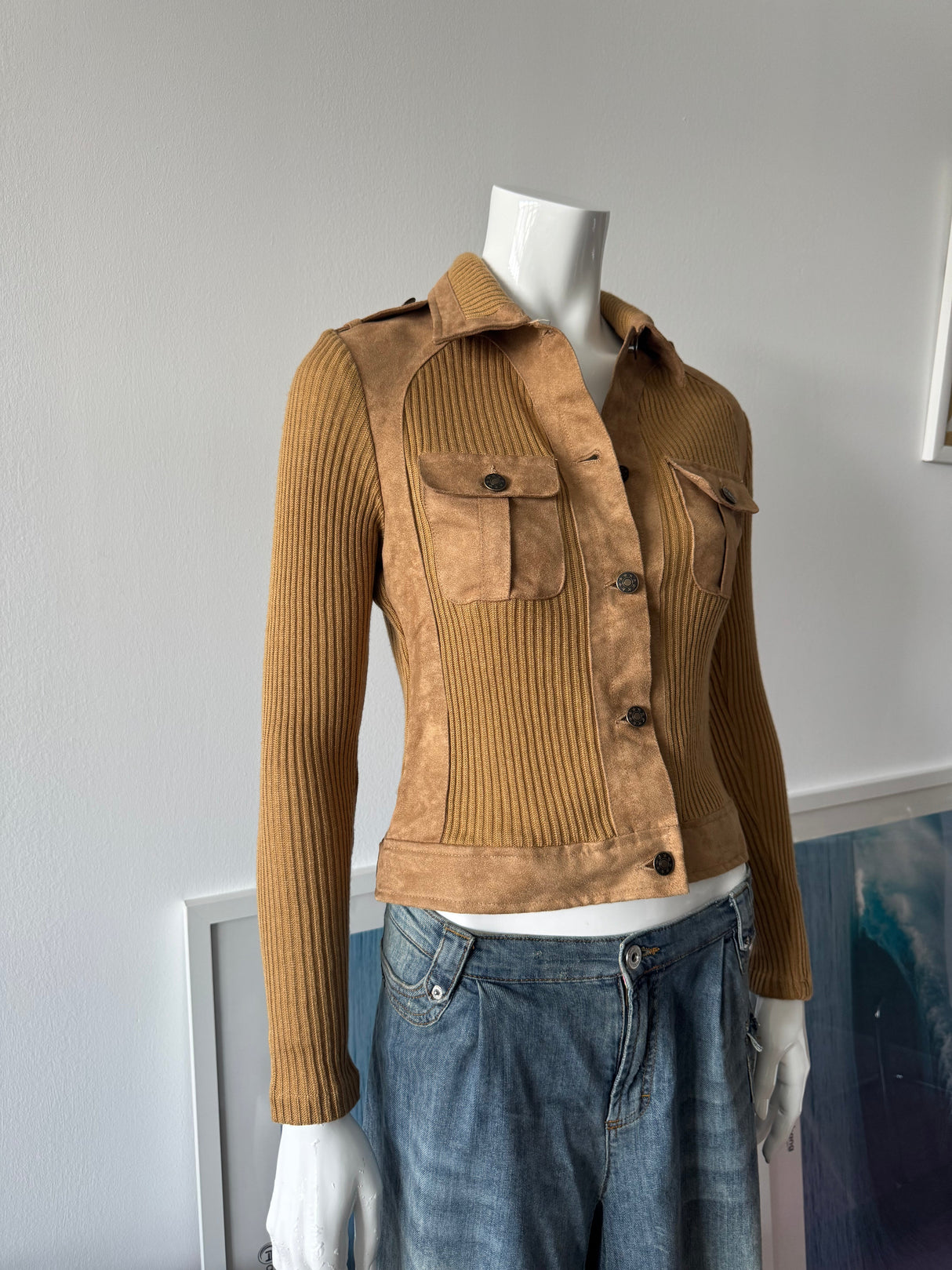 Tan Faux Suede and Wool Sweater Jacket