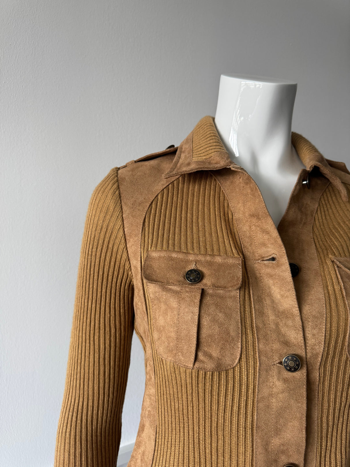 Tan Faux Suede and Wool Sweater Jacket