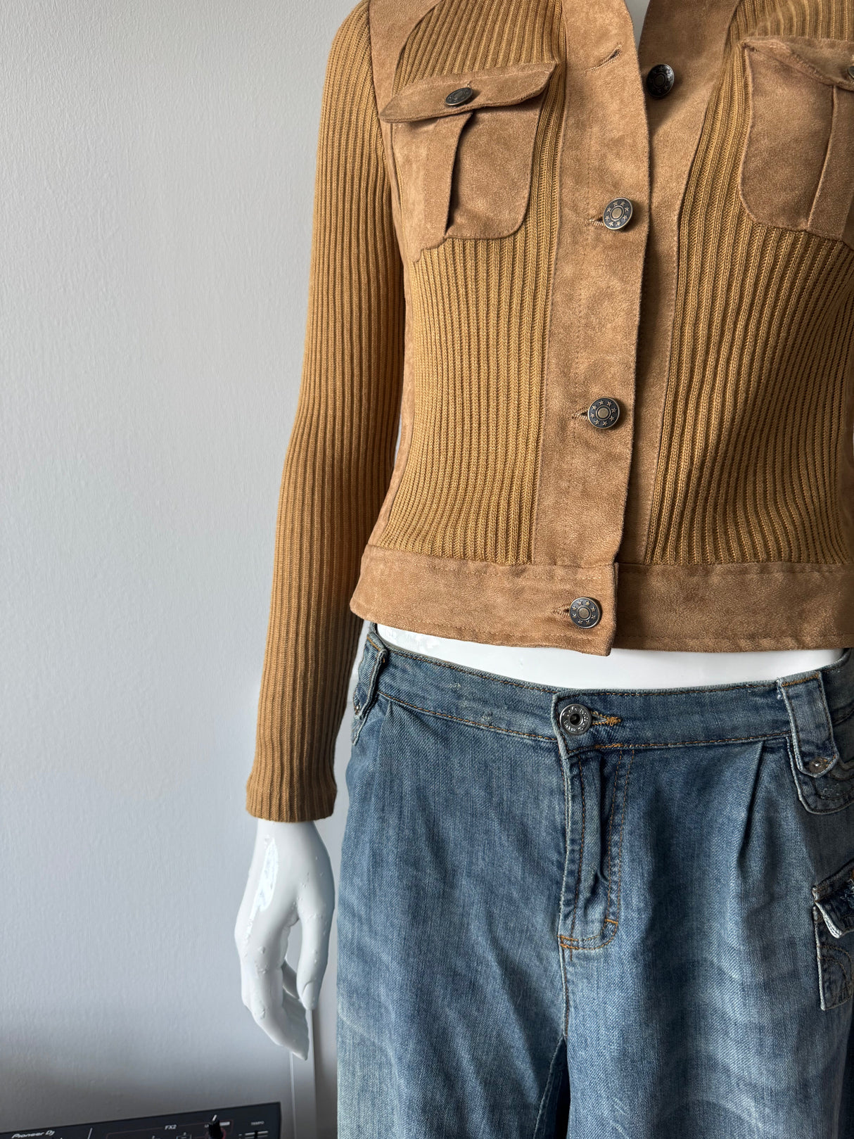 Tan Faux Suede and Wool Sweater Jacket