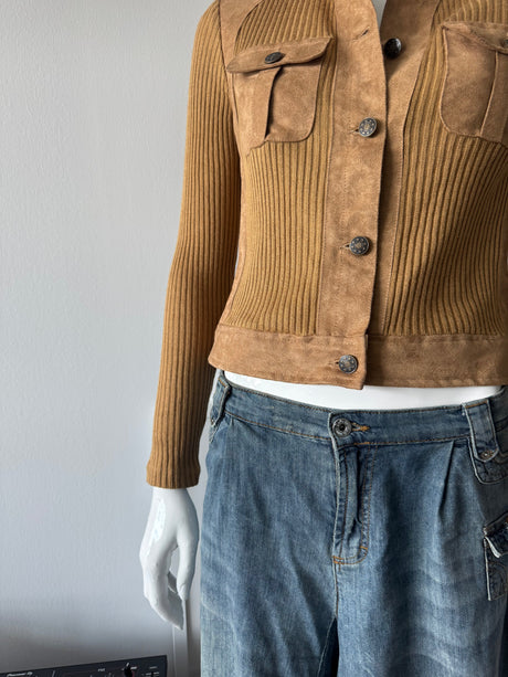 Tan Faux Suede and Wool Sweater Jacket