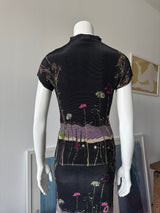 Black Floral Beaded Crinkle Mock Neck Top