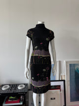 Black Floral Beaded Crinkle Midi Skirt
