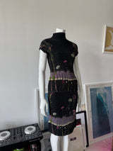 Black Floral Beaded Crinkle Mock Neck Top