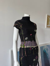 Black Floral Beaded Crinkle Mock Neck Top