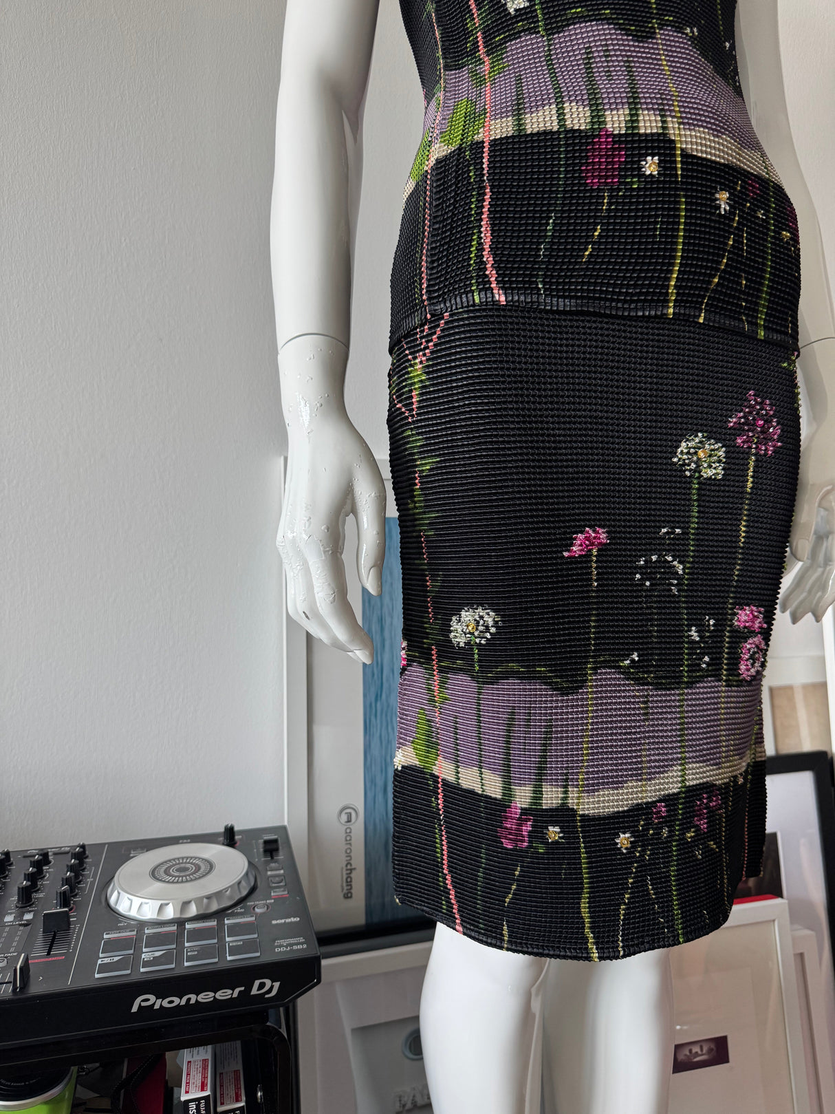 Black Floral Beaded Crinkle Midi Skirt