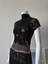 Black Floral Beaded Crinkle Mock Neck Top