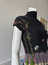 Black Floral Beaded Crinkle Mock Neck Top