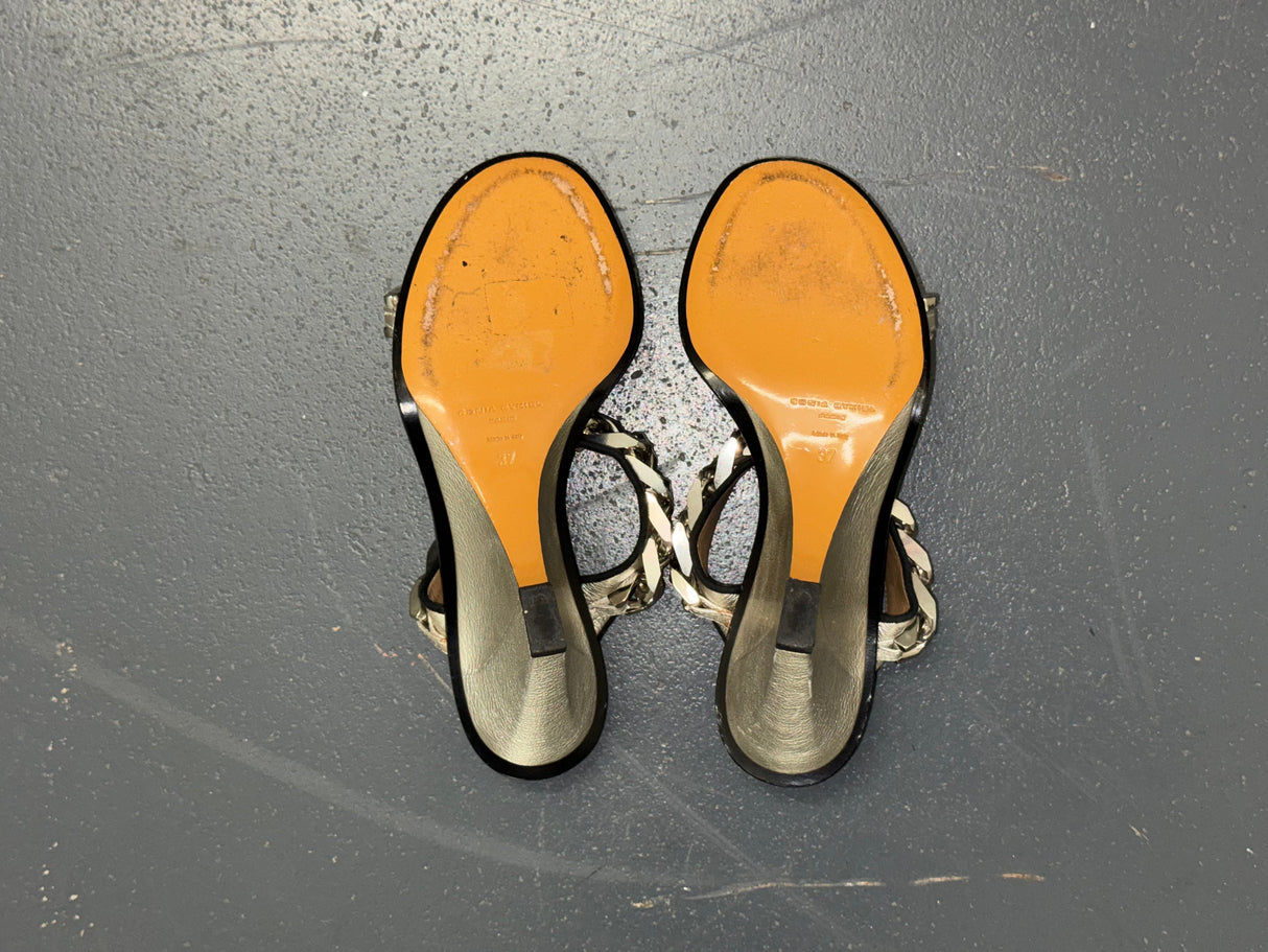 SONIA RYKIEL Silver Chain Leather Wedge Heels Sz 37