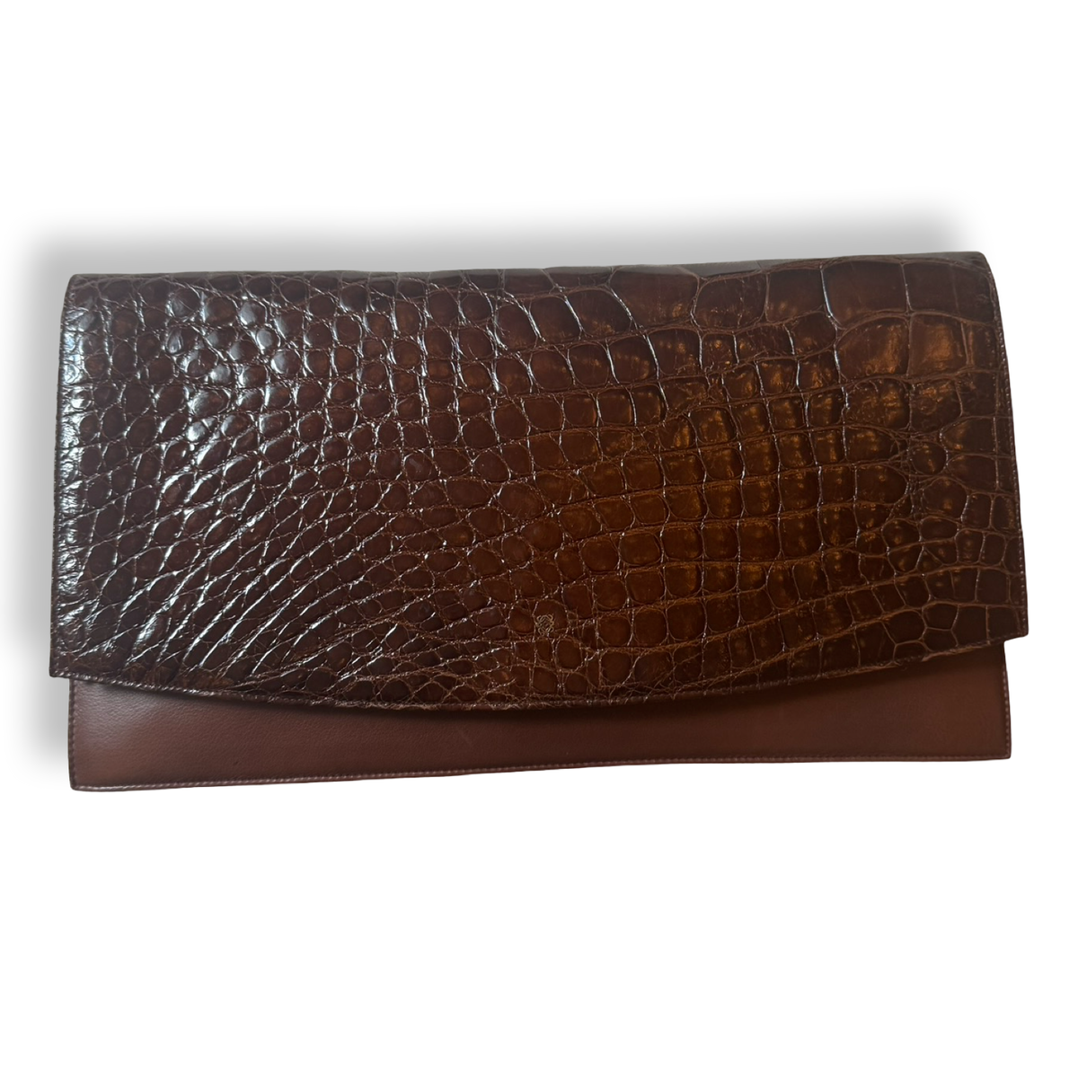 Loewe rare authentic crocodile  and calfskin brown oversized clutch vintage late 1980s early 1990s from original Madrid boutique 