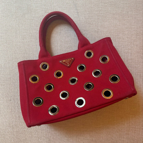 Prada Canapa Grommet Tote Red authentic 2000s