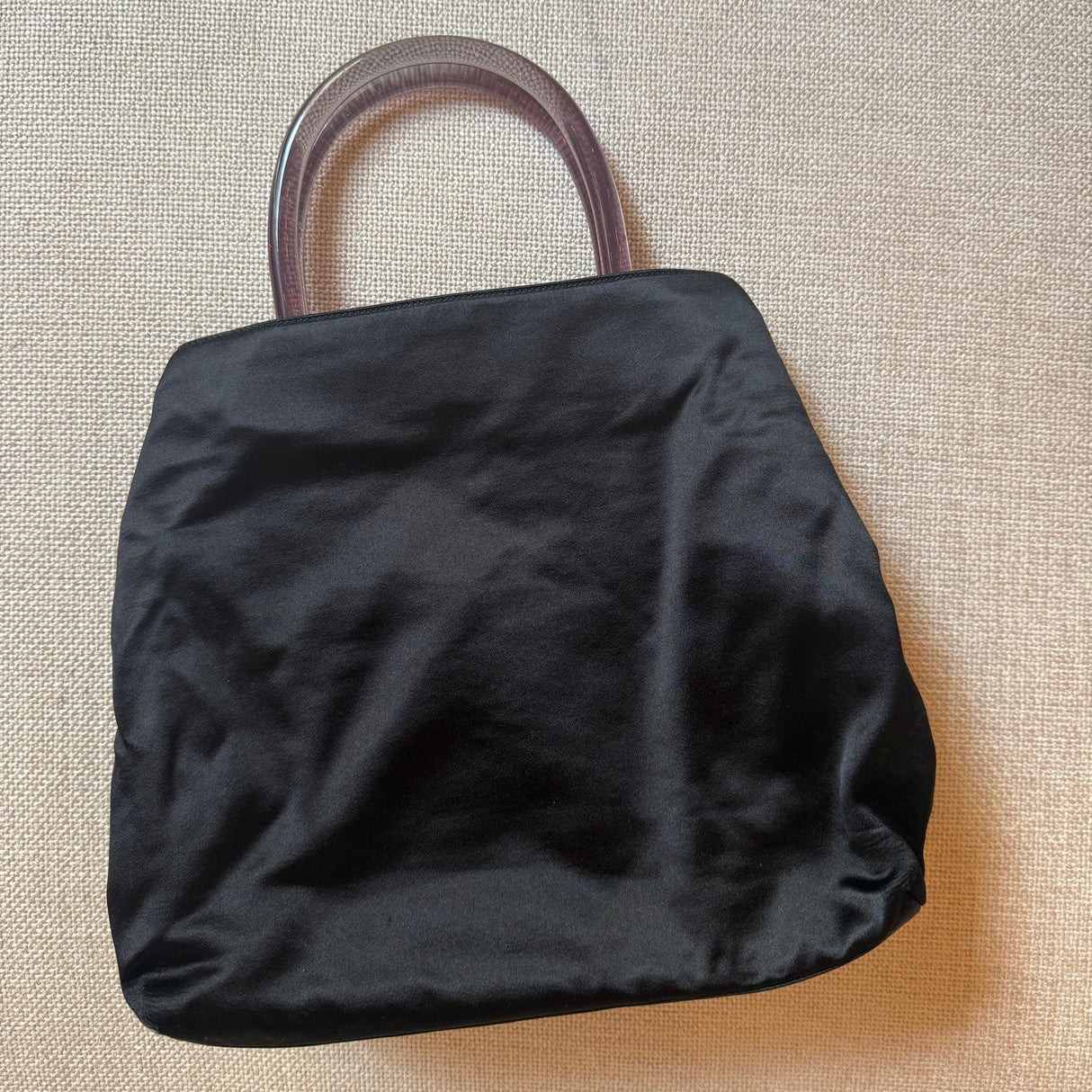 Vintage 1990s Authentic Prada Satin Handbag Black Minimal quiet luxury with acrylic handles chic
