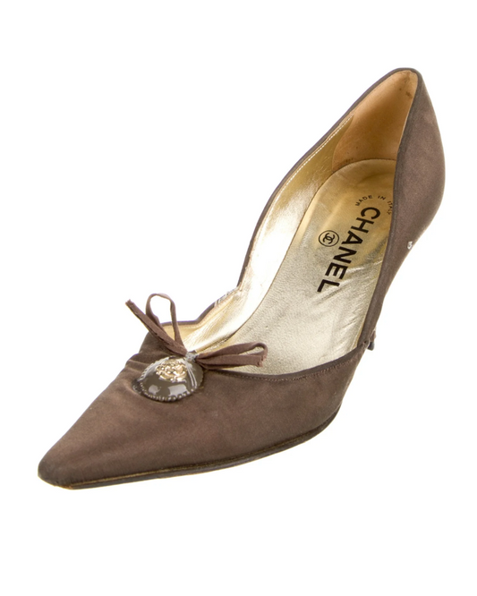 Chanel Vintage Brown Satin Charm Pumps