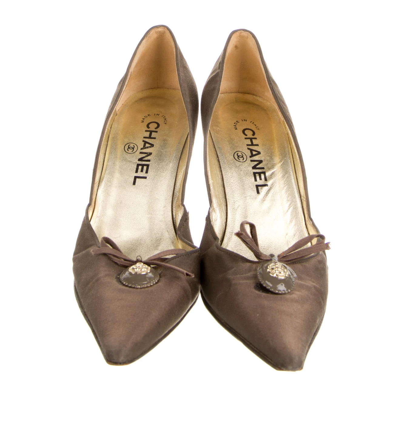 Chanel Vintage Brown Satin Charm Pumps