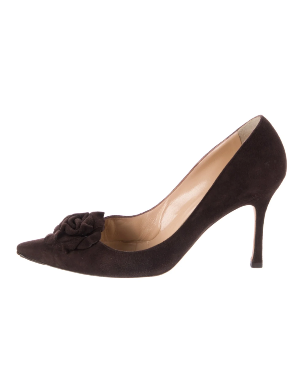 Manolo Blahnik Brown Floral Suede Pumps