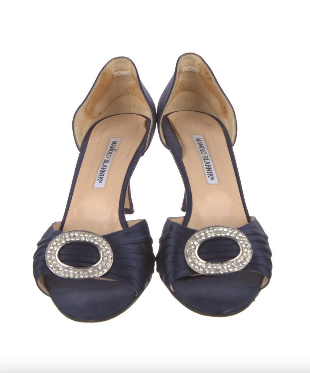 Manolo Blahnik Navy Crystal Embellishments D'Orsay Heels