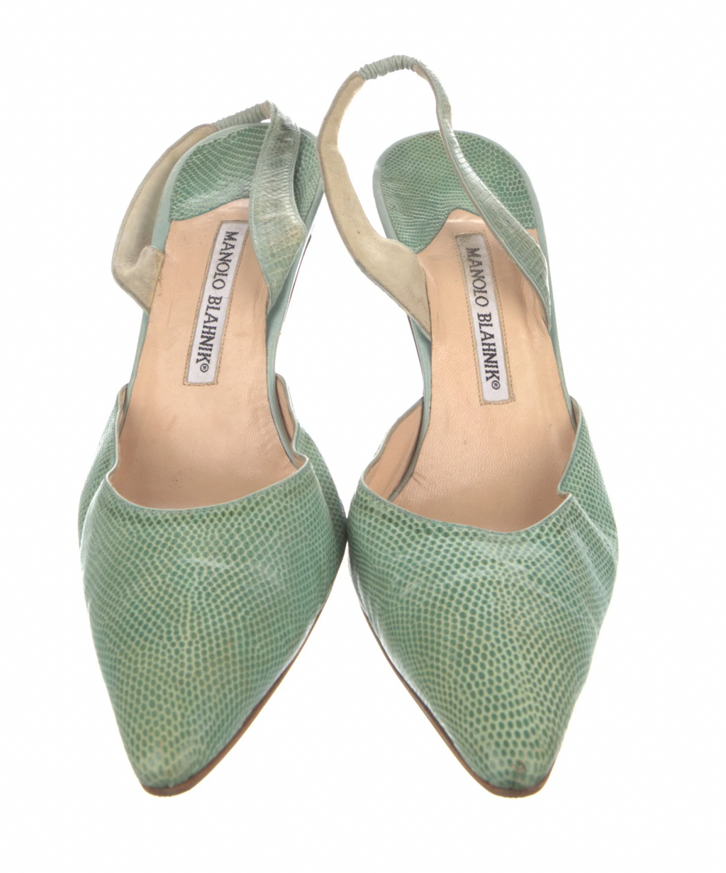 Manolo Blahnik Seafoam Snakeskin Slingbacks