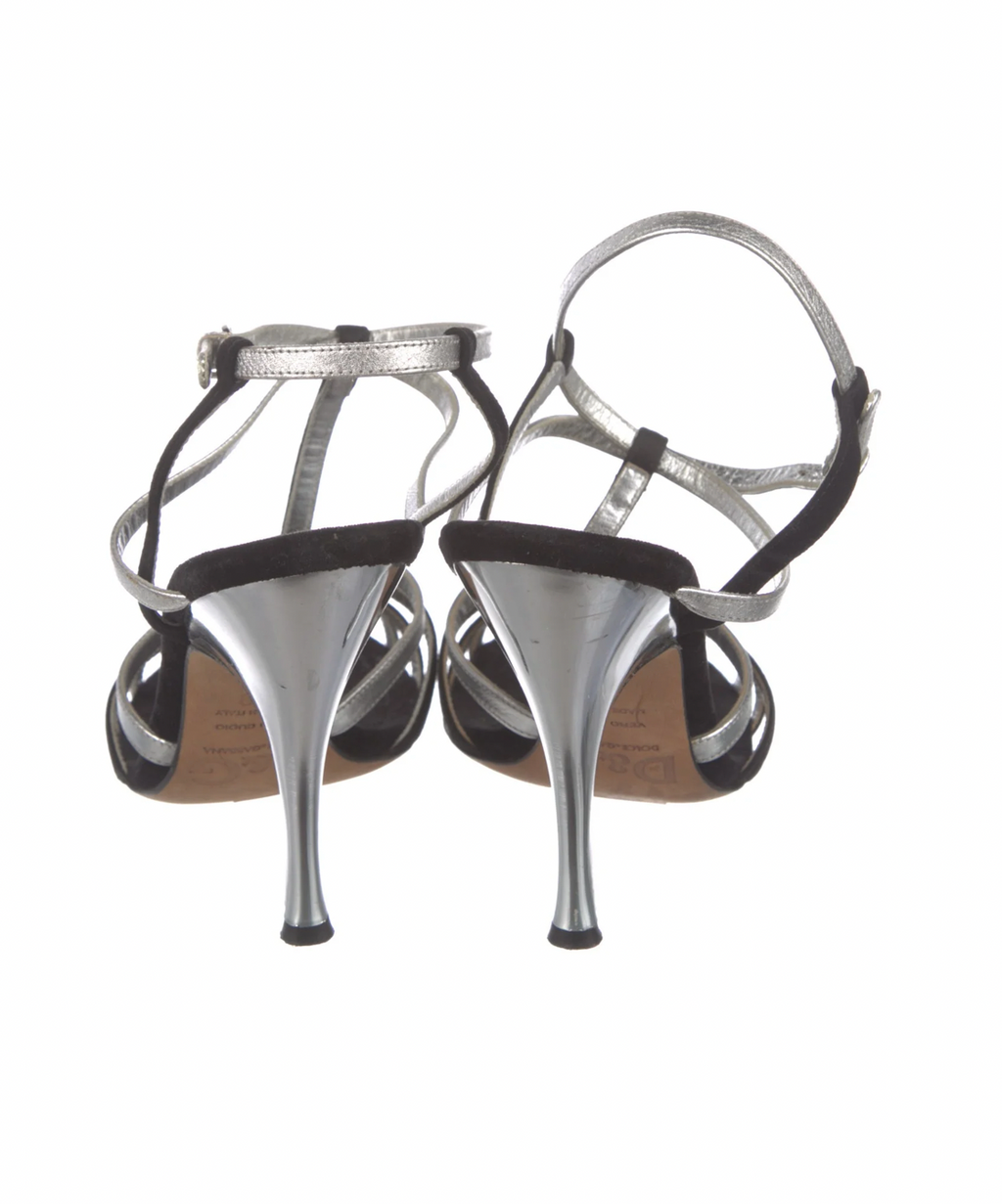 Dolce & Gabbana Black and Silver T-Strap Sandals