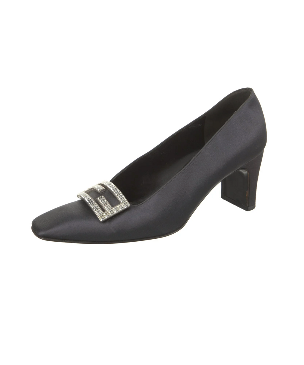Fendi Satin Crystal Logo Embellished Heels