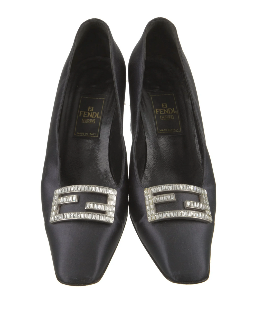 Fendi Satin Crystal Logo Embellished Heels
