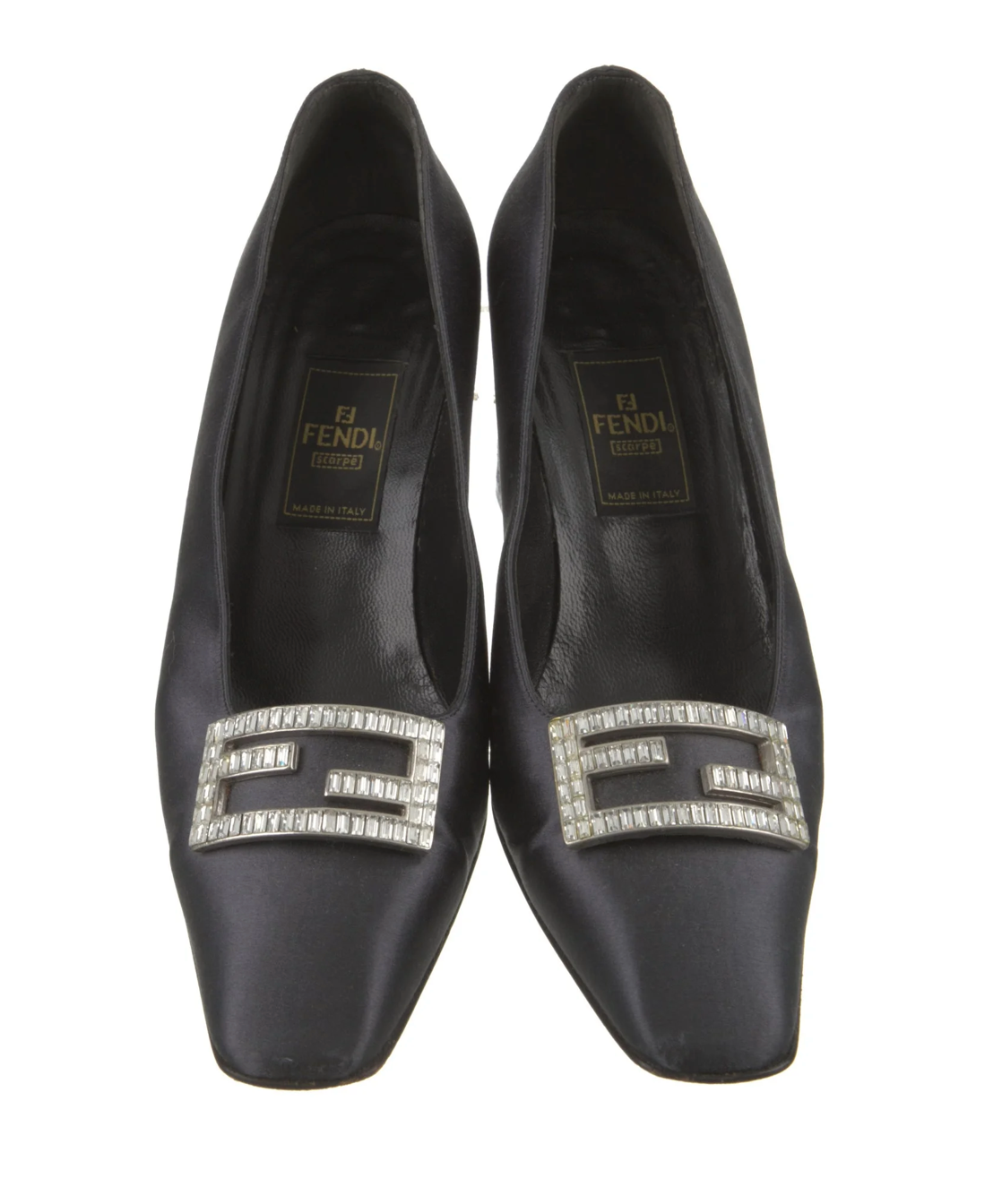Fendi Satin Crystal Logo Embellished Heels