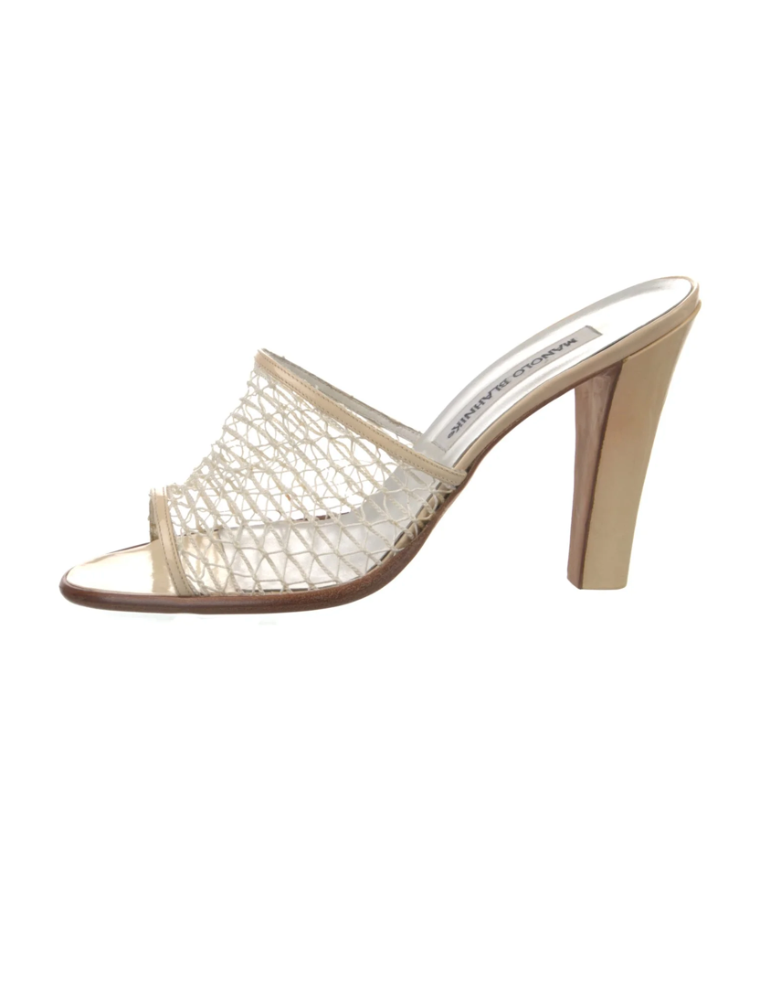 Manolo Blahnik Cream Woven Block Heels