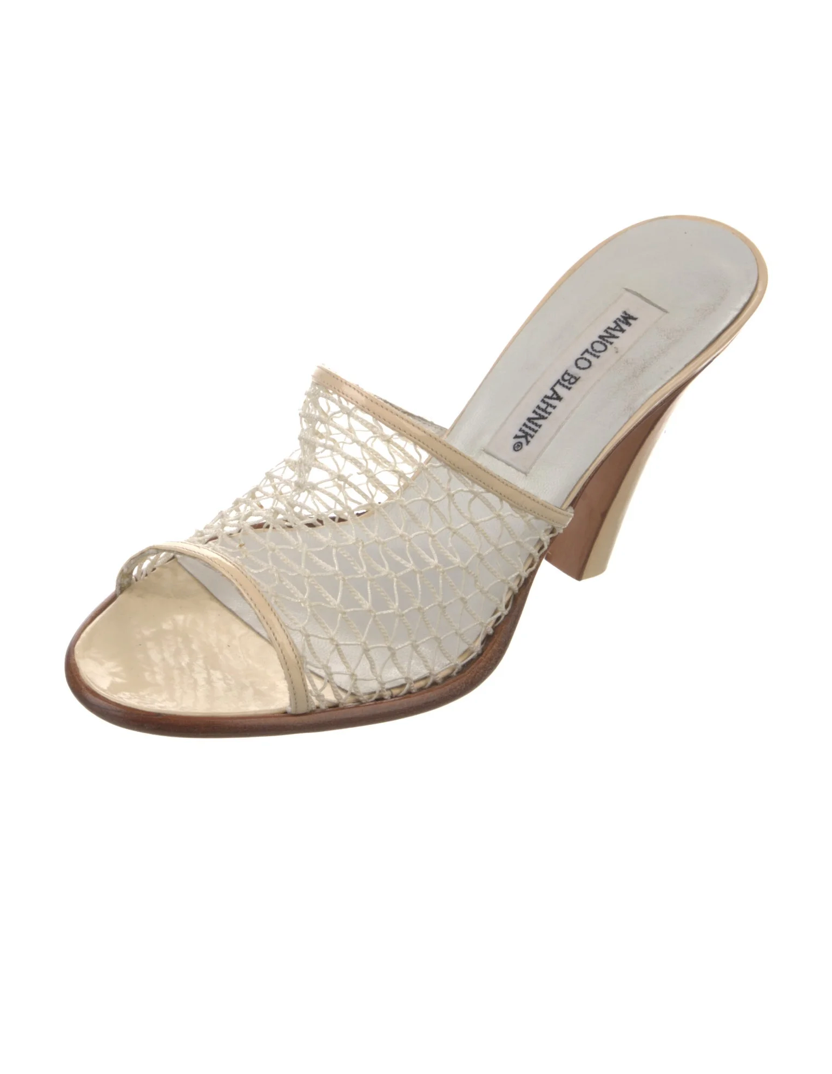 Manolo Blahnik Cream Woven Block Heels