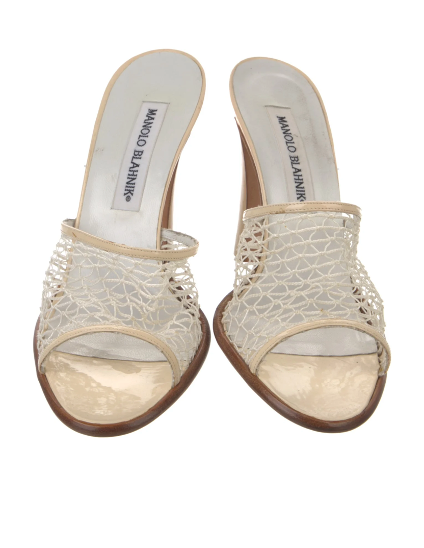 Manolo Blahnik Cream Woven Block Heels
