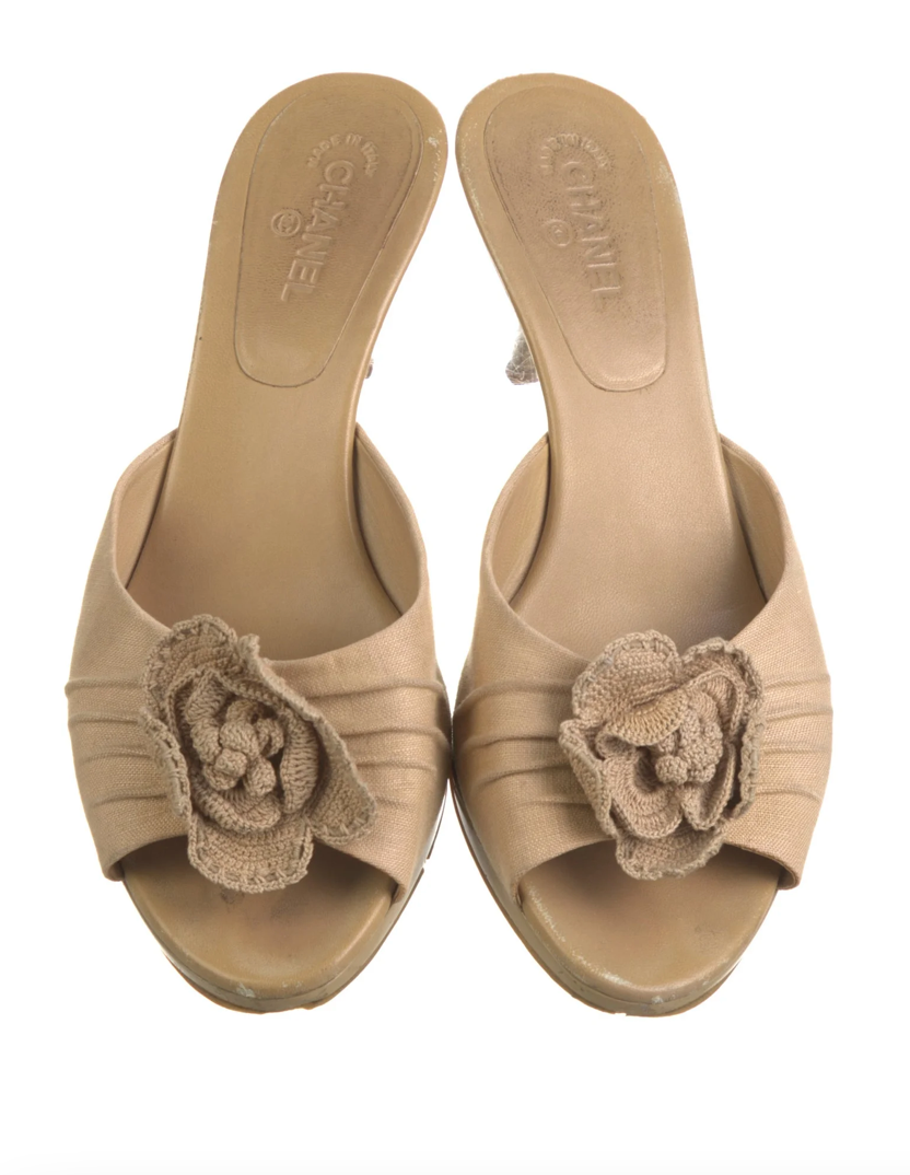 Chanel Beige Floral Canvas Slides